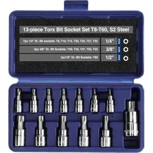 imageWORKPRO 13Piece Torx Bit Socket Set T8T60 14quot 38quot and 12quot Drive S2 Steel 6 Point Star Bits and CRV Sockets with Storage Case For Hand Use Work On Cars Trucks