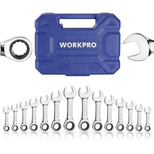 imageWORKPRO 14Piece Ratcheting Combination Stubby Wrench Set 72 Teeth Combo Ratchet Wrenches Set with Organizer Box SAE 3834quot ampamp Metric 1018mm
