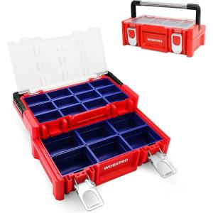 imageWORKPRO 17inch Plastic Tool Box Red Storage Box with Locking Lid and Stainless Steel Handle 18 Adjustable Compartments for Sockets Crafts and Power Tools Great Father Day Gifts