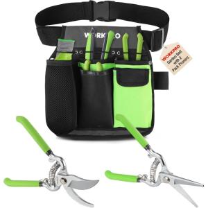 imageWORKPRO 2Piece Pruning Shears and Garden Tool Belt Set Gardening Belt with 5 Pockets and Adjustable Waist Belt 8quot Bypass Garden Shears and 8 Handing Pruner with Steel Straight Blade