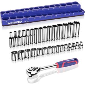 imageWORKPRO 32Piece 38inch Drive Metric Sockets and RatchetIncluding 30 Metric Deep and Shallow Sockets 620mm with Magnetic Organizer and 72Tooth Quick Release Reversible Ratchet for Auto Repair