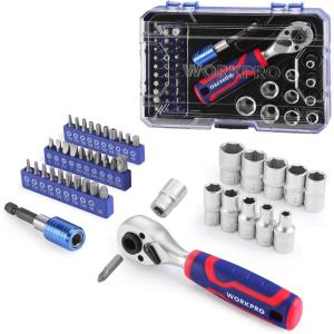 imageWORKPRO 42 PCS 14quot Dr Master Socket Set Metric with Dual Head Stubby Ratchet QucikRelease Bit Holder 14quot Dr Bits Set for Auto Repairing and Household with Storage Case42 PCS