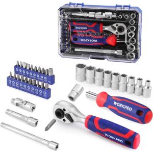 imageWORKPRO 42 PCS 14quot Dr Master Socket Set Metric with Dual Head Stubby Ratchet QucikRelease Bit Holder 14quot Dr Bits Set for Auto Repairing and Household with Storage Case34 PCS