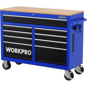 imageWORKPRO 46Inch 9Drawers Rolling Tool Chest Mobile Tool Storage Cabinet with Wooden Top Equipped with Casters Handle Drawer Liner and Locking System 1200 lbs Load Capacity