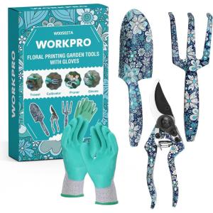 imageWORKPRO 5PCS Garden Tool Set Aluminum Heavy Duty Gardening Tool Set with Garden Tool Bag Outdoor Garden Hand Tools Blue Insect and FlowerBlue flower