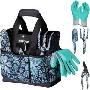imageWORKPRO 5PCS Garden Tool Set Aluminum Heavy Duty Gardening Tool Set with Garden Tool Bag Outdoor Garden Hand Tools Blue Insect and FlowerBlue flower with bag