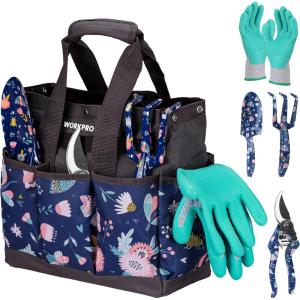 imageWORKPRO 5PCS Garden Tool Set Aluminum Heavy Duty Gardening Tool Set with Garden Tool Bag Outdoor Garden Hand Tools Blue Insect and FlowerBlue insect with bag