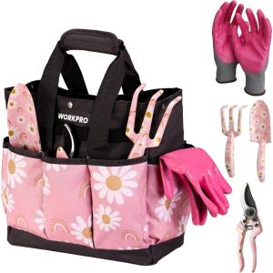 imageWORKPRO 5PCS Garden Tool Set Aluminum Heavy Duty Gardening Tool Set with Garden Tool Bag Outdoor Garden Hand Tools Blue Insect and FlowerPink with bag