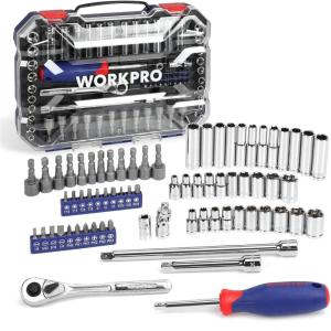 imageWORKPRO 70Piece 14quot Drive Socket Set with QuickRelease Ratchet Metric and SAE for Auto Repairing ampamp Household W003068A