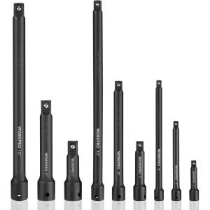 imageWORKPRO 9 PCS Impact Driver Extension Bar Set 14quot 38quot and 12quot Drive Socket Extension Premium Chrome Vanadium Steel with Black Phosphate Finish Storage Tray Included