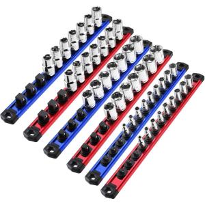 imageWORKPRO Magnetic Socket Organizer Set 3Piece Aluminum Alloy Socket Rail Heavy Duty Socket Holder Socket Rack Kit 14Inch x 12 Clips 38Inch x 10 Clips 12Inch x 10 Clips BlueBlue  Red