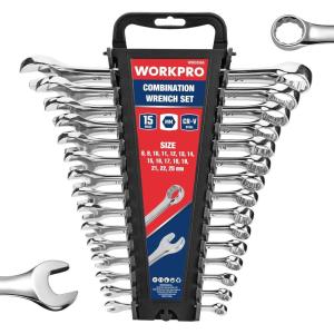 imageWORKPRO Metric Combination Wrench Set CRV Steel 15PCS Complete Sizes from 8 to 25mm with Rack Organizer Open End and 12Point Box End Mechanic Wrenches Mirror Chrome Finish