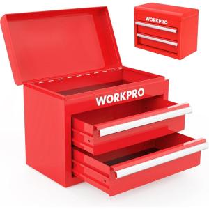 imageWORKPRO Mini Metal Tool Box with 2 Drawers and Top Storage Small Tool Chest with PVC Liners and PP Feet Pads Cold Rolled Steel Toolbox with Magnetic TabRed