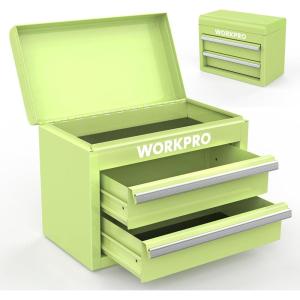 imageWORKPRO Mini Metal Tool Box with 2 Drawers and Top Storage Small Tool Chest with PVC Liners and PP Feet Pads Cold Rolled Steel Toolbox with Magnetic TabMacaron Green