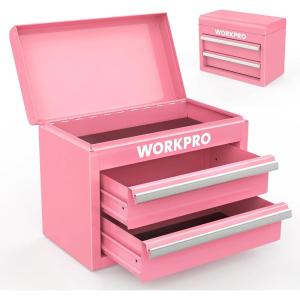 imageWORKPRO Mini Metal Tool Box with 2 Drawers and Top Storage Small Tool Chest with PVC Liners and PP Feet Pads Cold Rolled Steel Toolbox with Magnetic TabPink