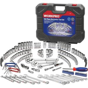 imageWORKPRO Socket Wrench Set 164piece Mechanics Tool Kit 14 Inch 38 Inch and 12 Inch Drive Quick Release Ratchet Metric and Standard 6Point 12Point Sockets with Blow Molded Case