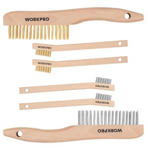 imageWORKPRO Wire Brush Set 6 Pcs BrassStainless Steel Wire Scratch Brush Set Small Large Size with Beechwood Handle for Cleaning Rust Paint and Welding Slag
