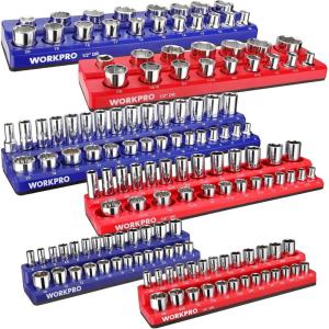 imageWORKPRO Magnetic Socket Organizer Set 4Piece Socket Holder Set Includes 14quot 38quot Drive Metric SAE Socket Trays Holds 108 Pieces Standard Size and Deep Size SocketsSocket not Included6 Pieces14  38   12 DR  SAE  Metric