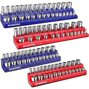 imageWORKPRO Magnetic Socket Organizer Set 4Piece Socket Holder Set Includes 14quot 38quot Drive Metric SAE Socket Trays Holds 108 Pieces Standard Size and Deep Size SocketsSocket not Included4 Pieces14  38 DR  SAE  Metric