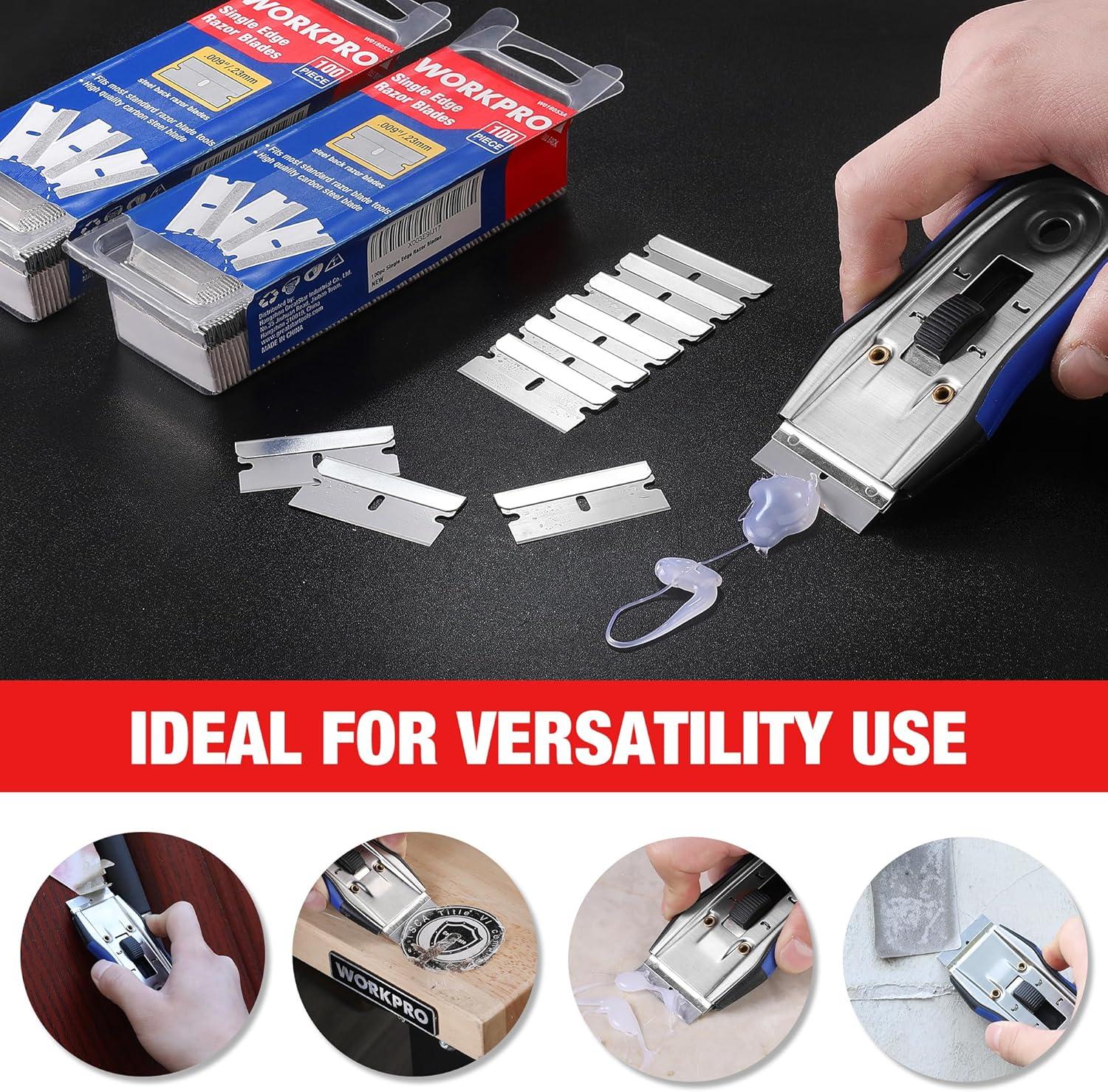 imageWORKPRO 100Pack Single Razor Edge Blades Industrial Scraper Razor Blades High Carbon Steel One Edge Razor Blades200pc