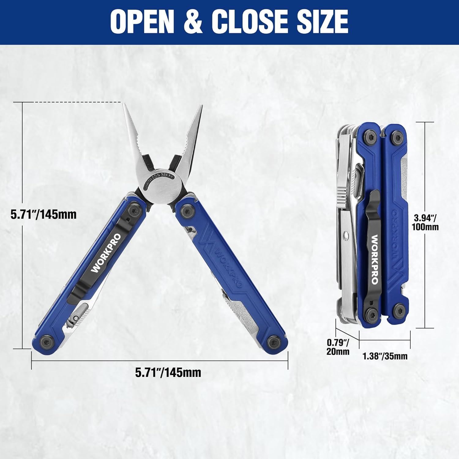 imageWORKPRO 18in1 Multi Tool Pliers Gifts for Men Stainless Steel EDC Multitool with Pocket Knife 2 Safety Locks Belt Clip and Oxford Pouch Utility Multiuse Tool for CampingBlue