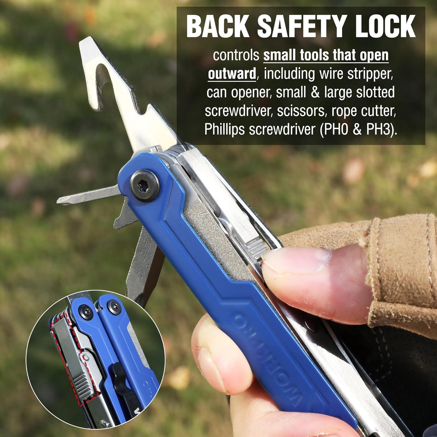imageWORKPRO 18in1 Multi Tool Pliers Gifts for Men Stainless Steel EDC Multitool with Pocket Knife 2 Safety Locks Belt Clip and Oxford Pouch Utility Multiuse Tool for CampingBlue