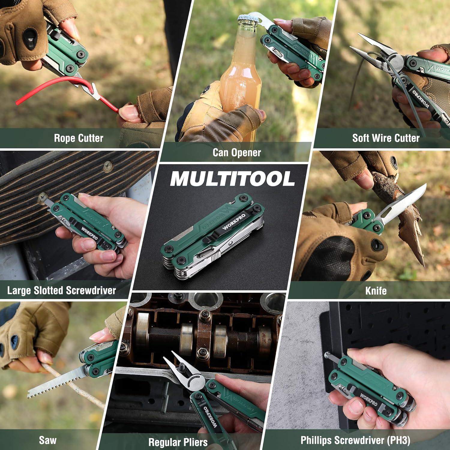 imageWORKPRO 18in1 Multi Tool Pliers Gifts for Men Stainless Steel EDC Multitool with Pocket Knife 2 Safety Locks Belt Clip and Oxford Pouch Utility Multiuse Tool for CampingGreen