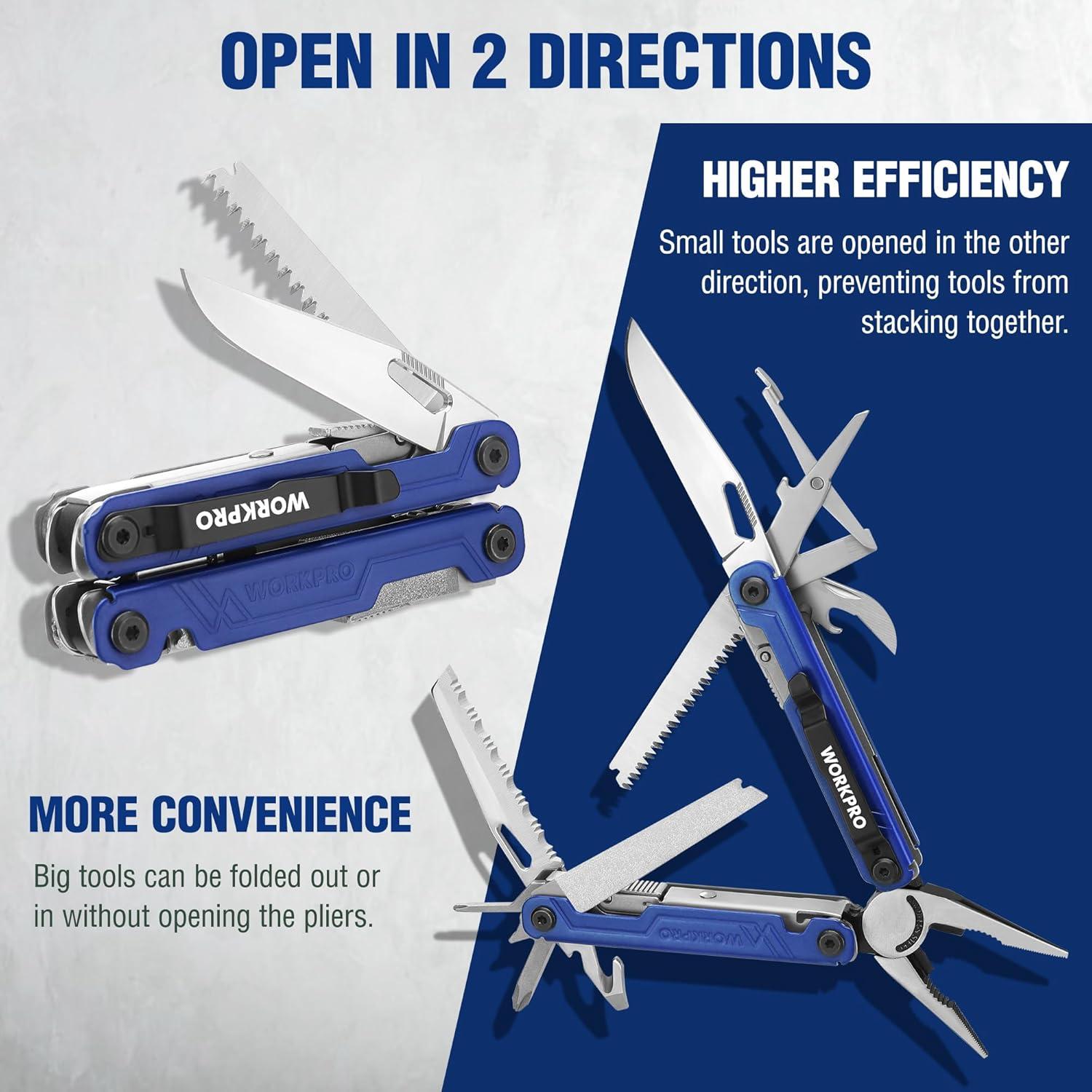 imageWORKPRO 18in1 Multi Tool Pliers Gifts for Men Stainless Steel EDC Multitool with Pocket Knife 2 Safety Locks Belt Clip and Oxford Pouch Utility Multiuse Tool for CampingBlue