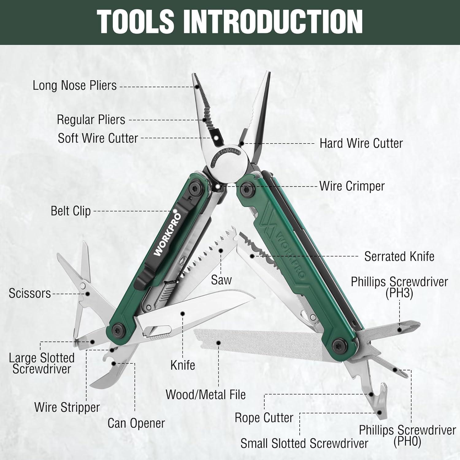 imageWORKPRO 18in1 Multi Tool Pliers Gifts for Men Stainless Steel EDC Multitool with Pocket Knife 2 Safety Locks Belt Clip and Oxford Pouch Utility Multiuse Tool for CampingGreen