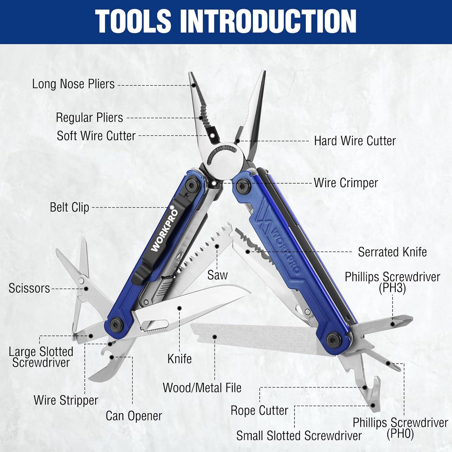 imageWORKPRO 18in1 Multi Tool Pliers Gifts for Men Stainless Steel EDC Multitool with Pocket Knife 2 Safety Locks Belt Clip and Oxford Pouch Utility Multiuse Tool for CampingBlue