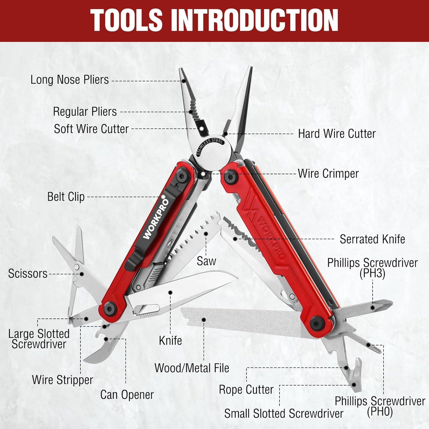 imageWORKPRO 18in1 Multi Tool Pliers Gifts for Men Stainless Steel EDC Multitool with Pocket Knife 2 Safety Locks Belt Clip and Oxford Pouch Utility Multiuse Tool for CampingRed