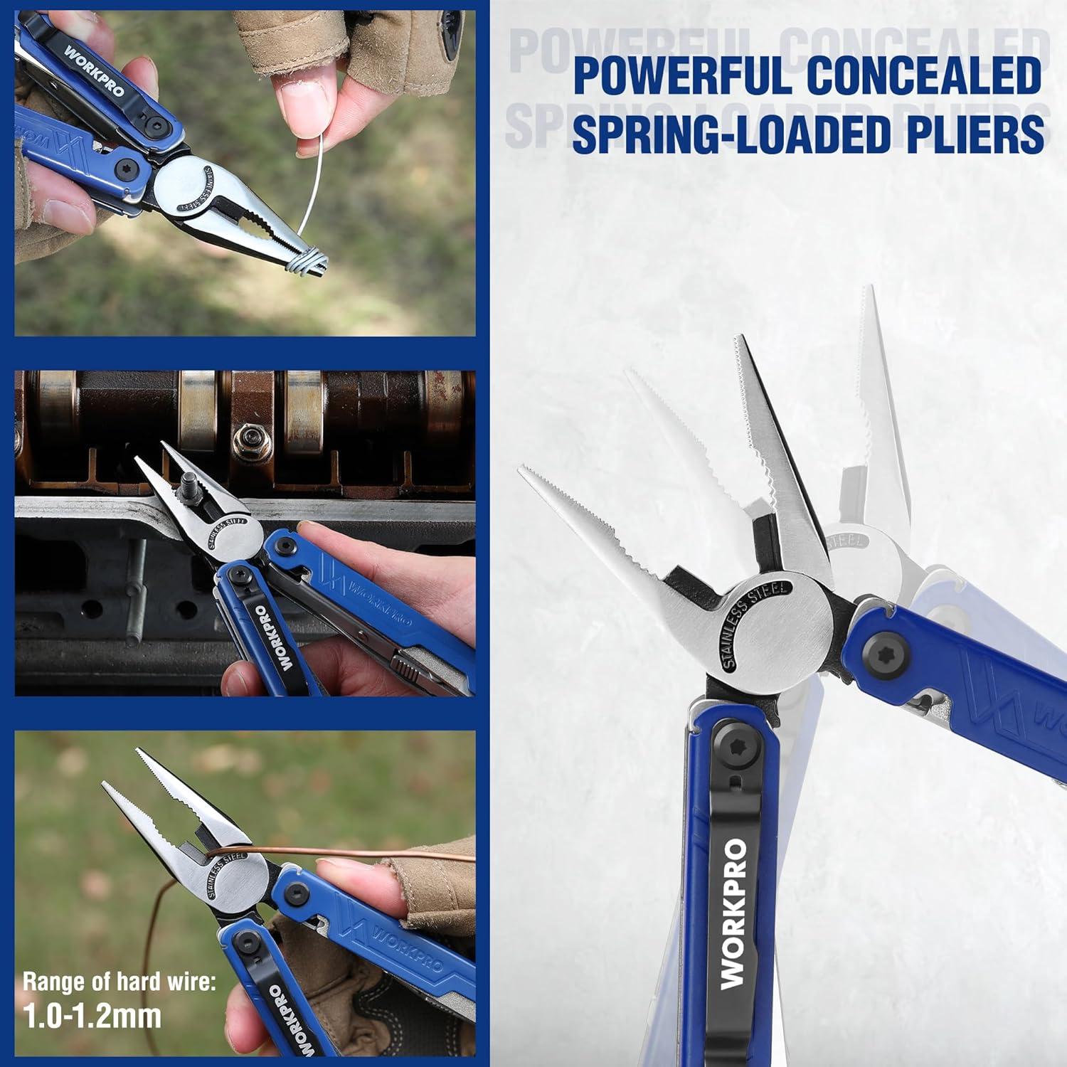 imageWORKPRO 18in1 Multi Tool Pliers Gifts for Men Stainless Steel EDC Multitool with Pocket Knife 2 Safety Locks Belt Clip and Oxford Pouch Utility Multiuse Tool for CampingBlue