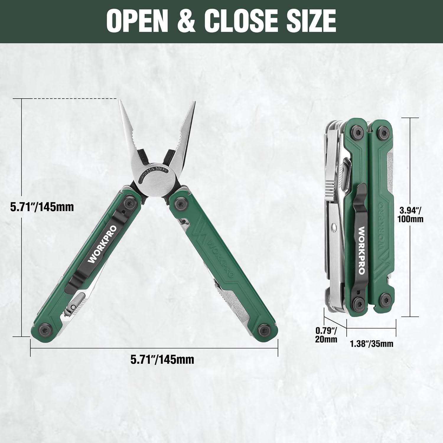 imageWORKPRO 18in1 Multi Tool Pliers Gifts for Men Stainless Steel EDC Multitool with Pocket Knife 2 Safety Locks Belt Clip and Oxford Pouch Utility Multiuse Tool for CampingGreen