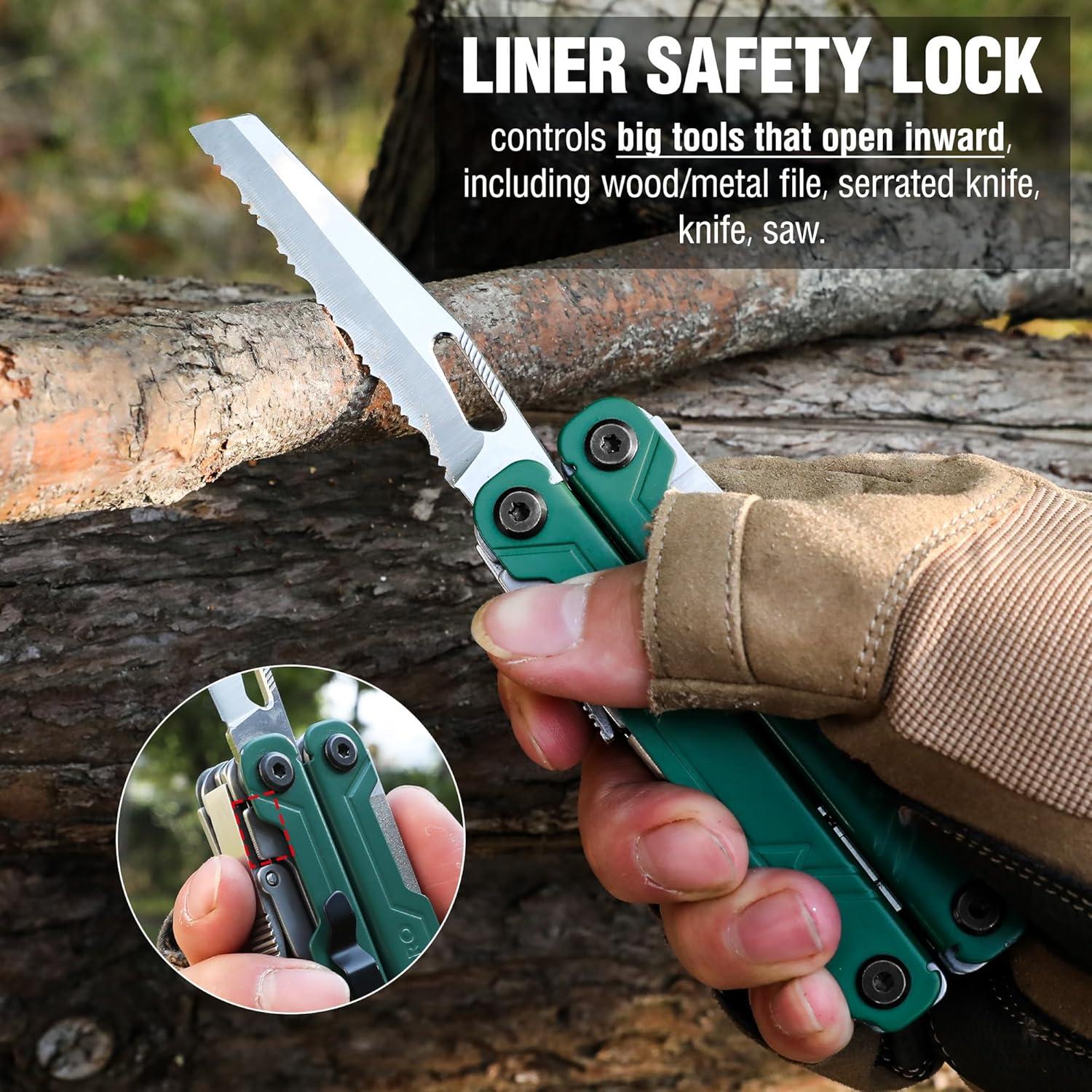 imageWORKPRO 18in1 Multi Tool Pliers Gifts for Men Stainless Steel EDC Multitool with Pocket Knife 2 Safety Locks Belt Clip and Oxford Pouch Utility Multiuse Tool for CampingGreen