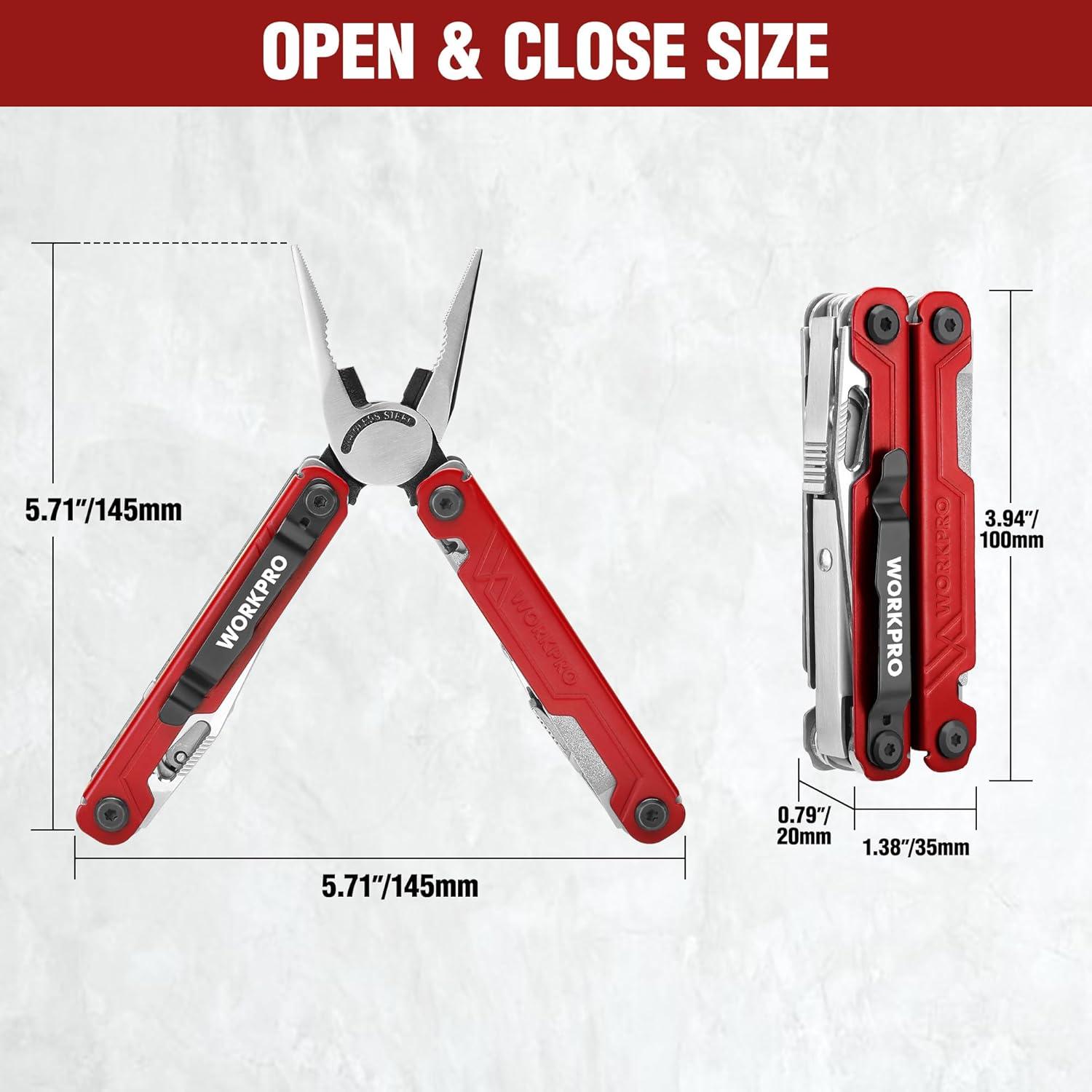 imageWORKPRO 18in1 Multi Tool Pliers Gifts for Men Stainless Steel EDC Multitool with Pocket Knife 2 Safety Locks Belt Clip and Oxford Pouch Utility Multiuse Tool for CampingRed