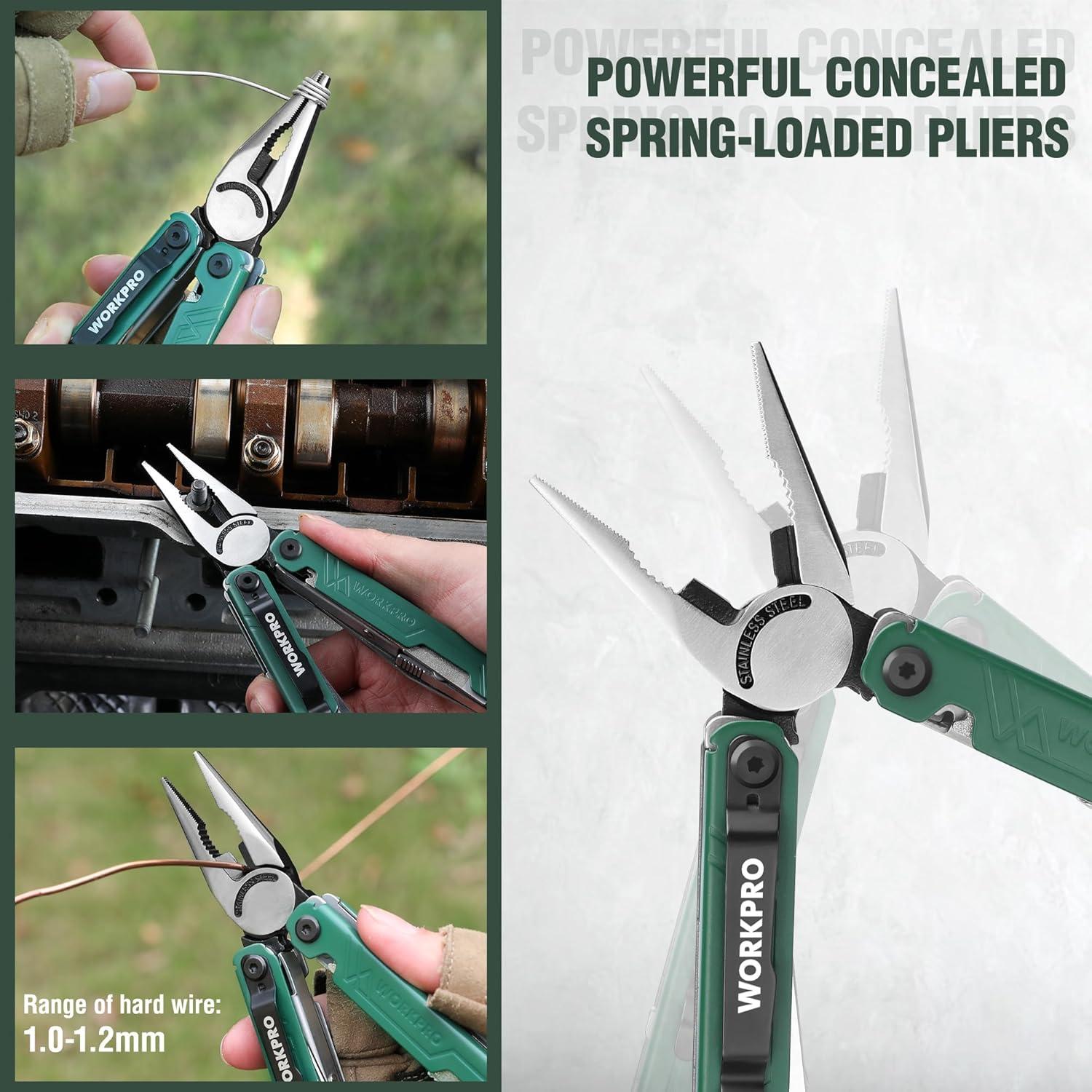 imageWORKPRO 18in1 Multi Tool Pliers Gifts for Men Stainless Steel EDC Multitool with Pocket Knife 2 Safety Locks Belt Clip and Oxford Pouch Utility Multiuse Tool for CampingGreen