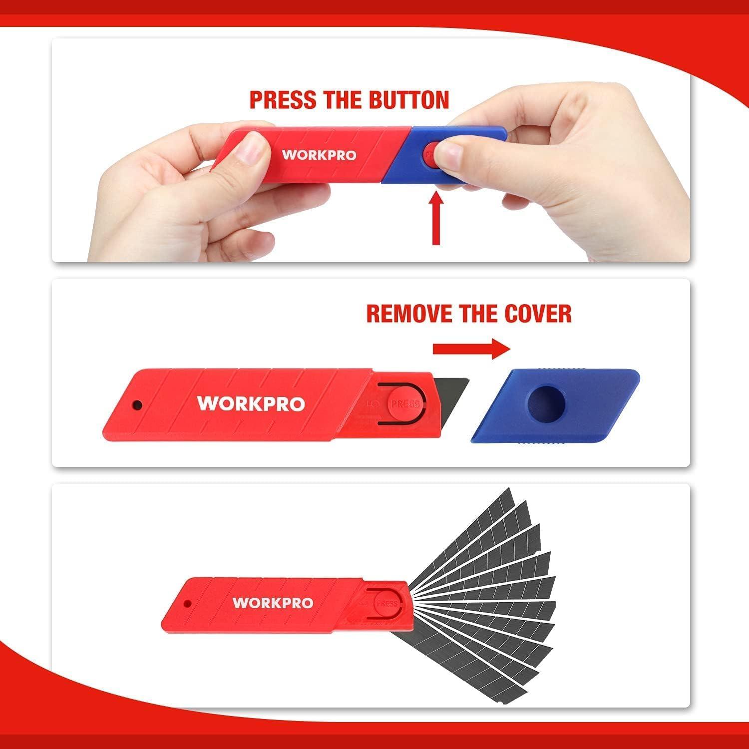 imageWORKPRO 18mm Retractable Utility Knife Heavy Duty Snapoff Box Cutter with 10Piece SK5 Blades for Cartons Cardboard and Boxes Perfect for Office and Home Use