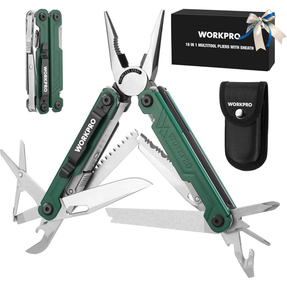 imageWORKPRO 18in1 Multi Tool Pliers Gifts for Men Stainless Steel EDC Multitool with Pocket Knife 2 Safety Locks Belt Clip and Oxford Pouch Utility Multiuse Tool for CampingGreen