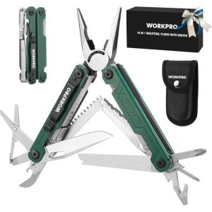 imageWORKPRO 18in1 Multi Tool Pliers Gifts for Men Stainless Steel EDC Multitool with Pocket Knife 2 Safety Locks Belt Clip and Oxford Pouch Utility Multiuse Tool for CampingGreen