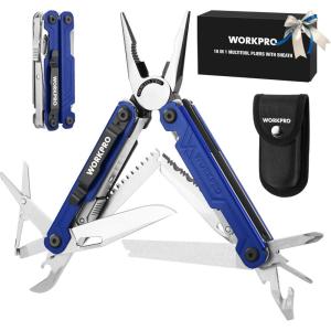 imageWORKPRO 18in1 Multi Tool Pliers Gifts for Men Stainless Steel EDC Multitool with Pocket Knife 2 Safety Locks Belt Clip and Oxford Pouch Utility Multiuse Tool for CampingBlue