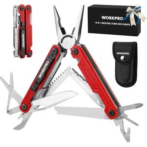 imageWORKPRO 18in1 Multi Tool Pliers Gifts for Men Stainless Steel EDC Multitool with Pocket Knife 2 Safety Locks Belt Clip and Oxford Pouch Utility Multiuse Tool for CampingRed