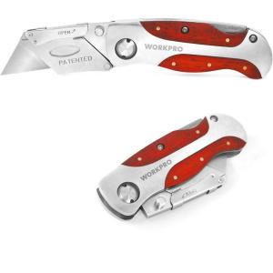 imageWORKPRO QuickChange Utility Knife Classical Retro Style Wood Grain Handle Back Lock Folding Knife with Clip