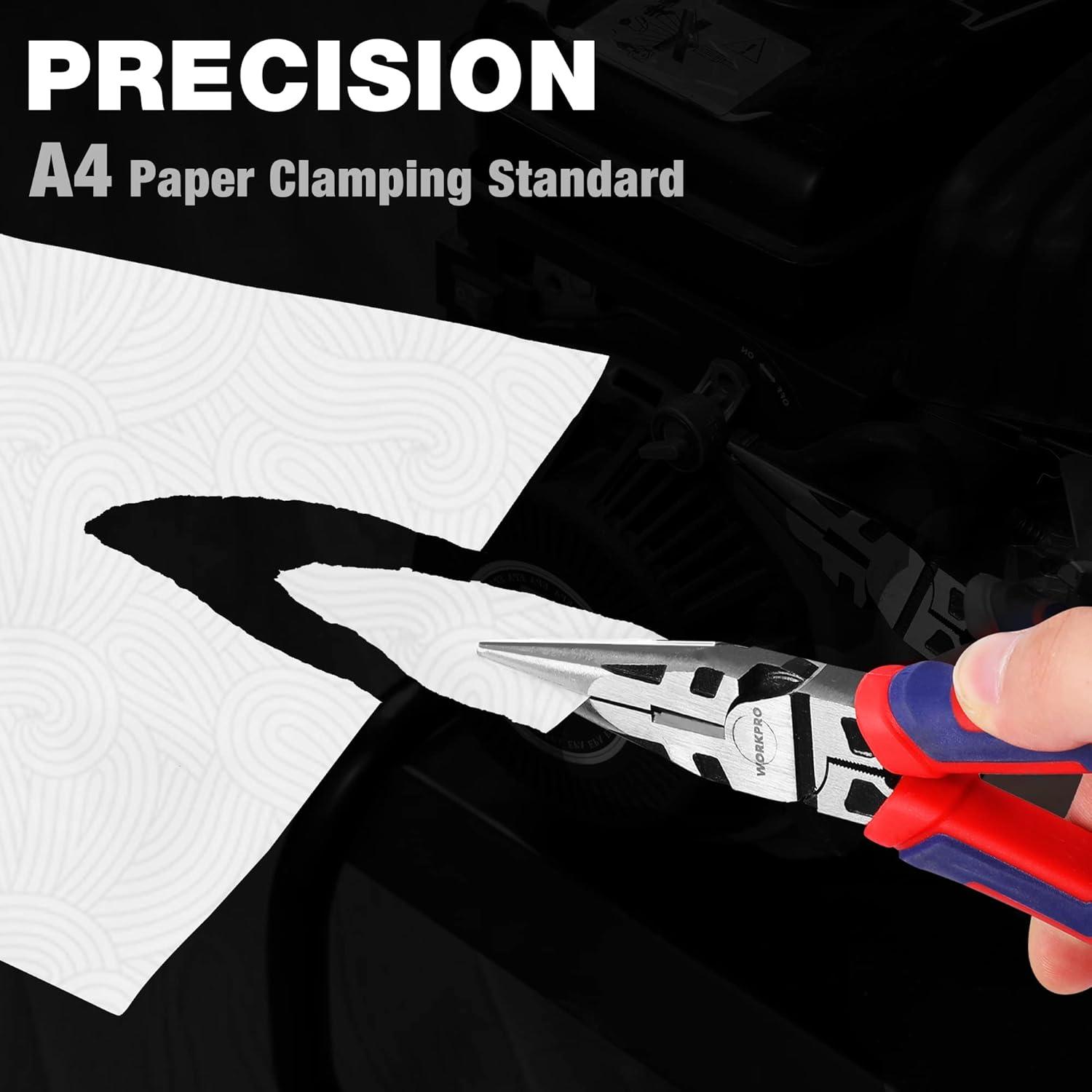 imageWORKPRO Premium 8 Needle Nose Pliers Paper Clamp Precision HeavyDuty CRV Steel Large Soft Grip with Wire Cutter Long Nose Cutting Pliers W0312696inch