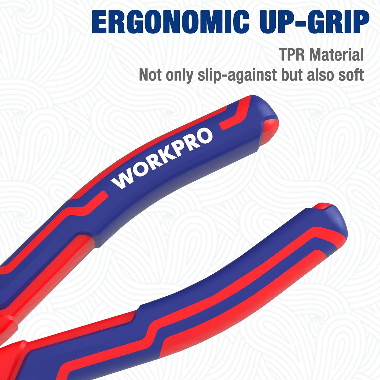 imageWORKPRO Premium 8 Needle Nose Pliers Paper Clamp Precision HeavyDuty CRV Steel Large Soft Grip with Wire Cutter Long Nose Cutting Pliers W0312696inch