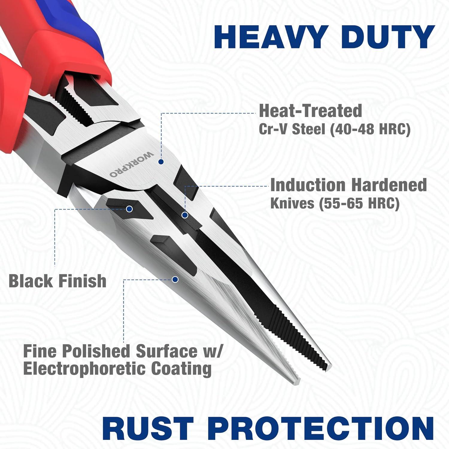 imageWORKPRO Premium 8 Needle Nose Pliers Paper Clamp Precision HeavyDuty CRV Steel Large Soft Grip with Wire Cutter Long Nose Cutting Pliers W0312696inch