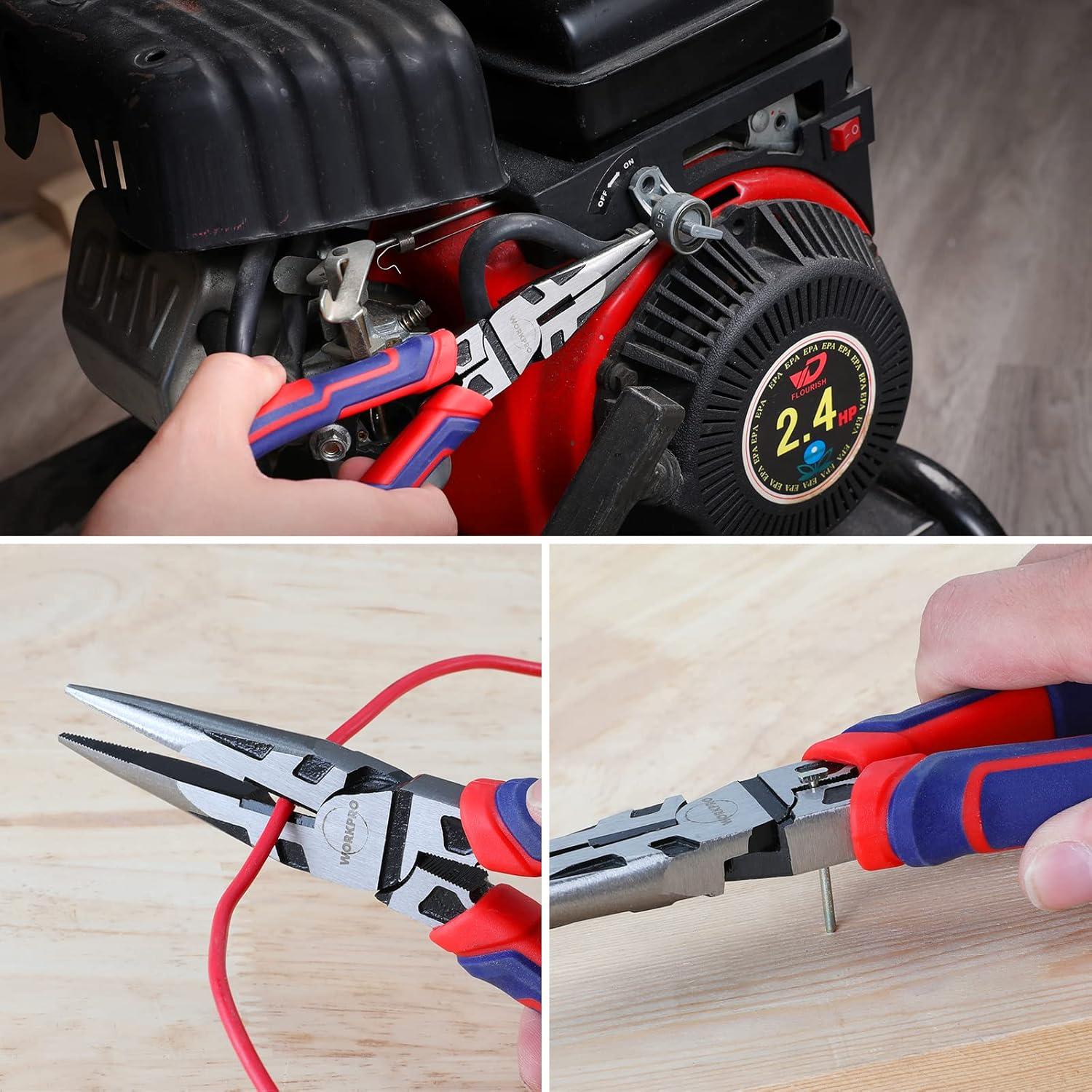 imageWORKPRO Premium 8 Needle Nose Pliers Paper Clamp Precision HeavyDuty CRV Steel Large Soft Grip with Wire Cutter Long Nose Cutting Pliers W0312698inch