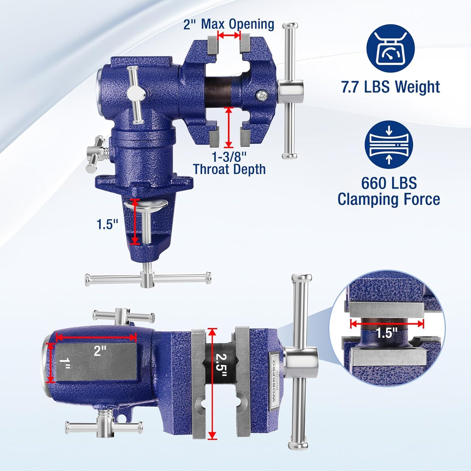 imageWORKPRO Dual Jaws Table Vise 25quot ampamp 15quot 360 Swivel ClampOn Bench Vise for Woodworking Metalworking DIY Multiposition Small Portable Vise Mini Vice Clamp for Workbench Golf Club Regripping