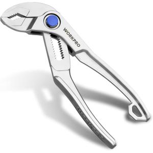imageWORKPRO Mini Water Pump Pliers 4Inch Groove Joint Pliers Fast Adjustable Tongue and Groove Pliers with 15Position PushLock VJaw for MultiSurface Grip Ideal for Tight Spaces and Versatile UseSliver