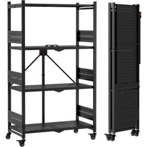 imageWORKPRO 5Tier Folding Shelf NoAssembly Metal Storage Rack with Wheels 750 lbs Capacity with Leveling Feet Collapsible Shelving Unit for Kitchen Pantry Bathroom ampamp Closet Organization4Tier
