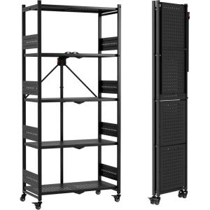 imageWORKPRO 5Tier Folding Shelf NoAssembly Metal Storage Rack with Wheels 750 lbs Capacity with Leveling Feet Collapsible Shelving Unit for Kitchen Pantry Bathroom ampamp Closet Organization5Tier
